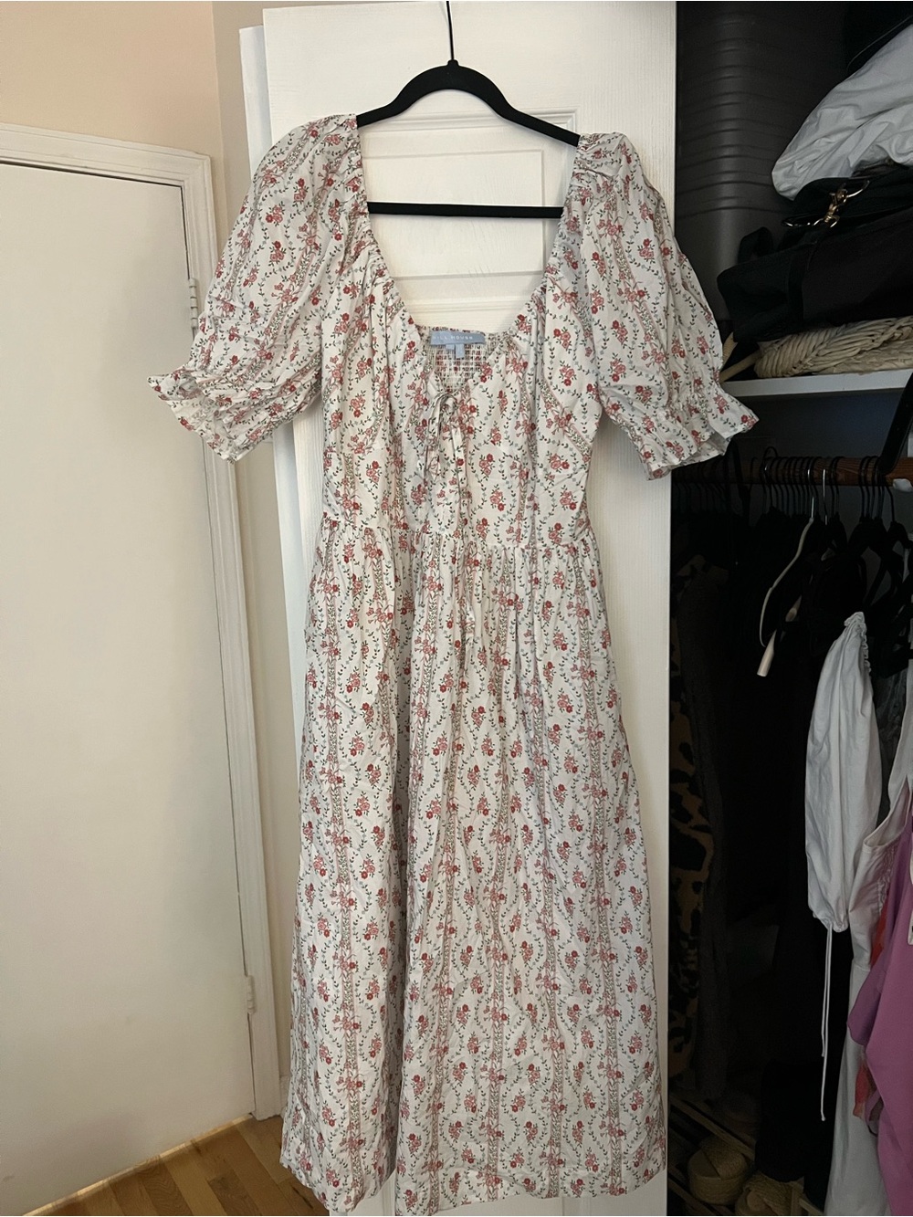 Hill House White Floral Puff-Sleeve Midi Dress